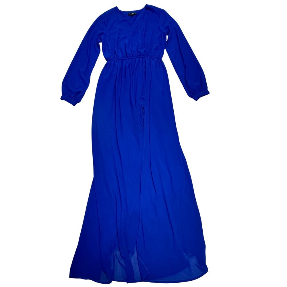 Lulus Wondrous Water Lilies Royal Blue Maxi Dress M Faux Wrap Slit Cobalt Event - Picture 2 of 16